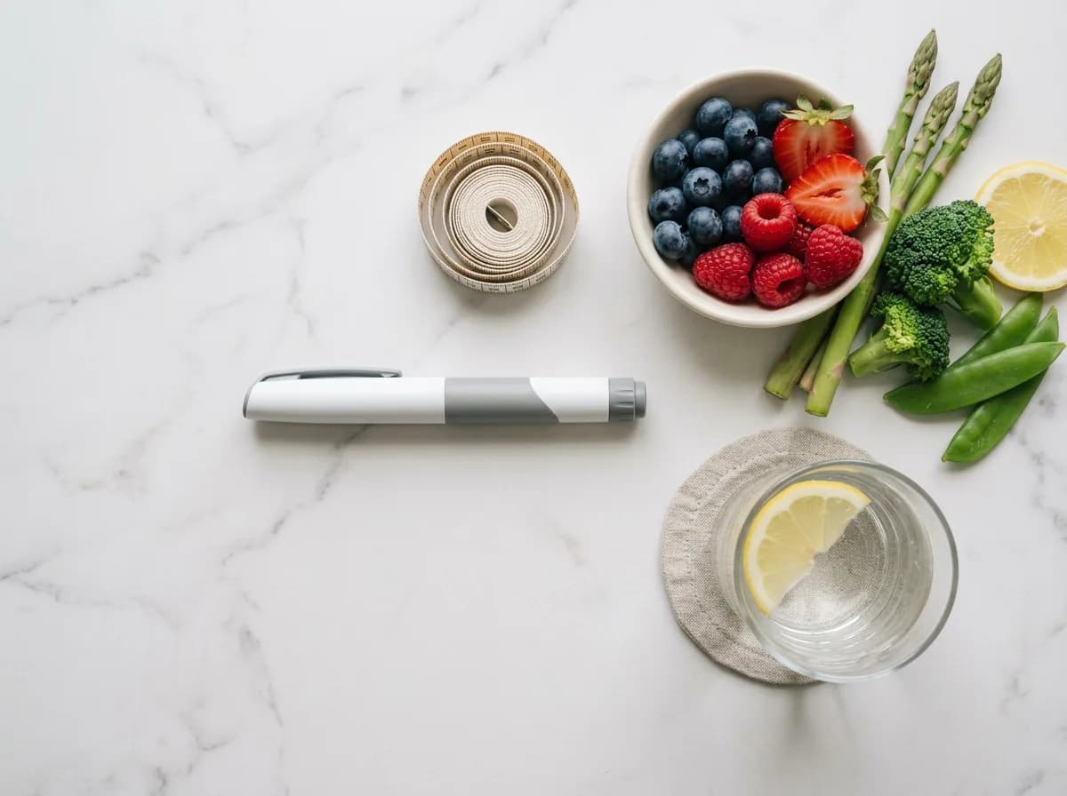 Unbranded injection pen, tape measure, and healthy food arranged on a tabletop