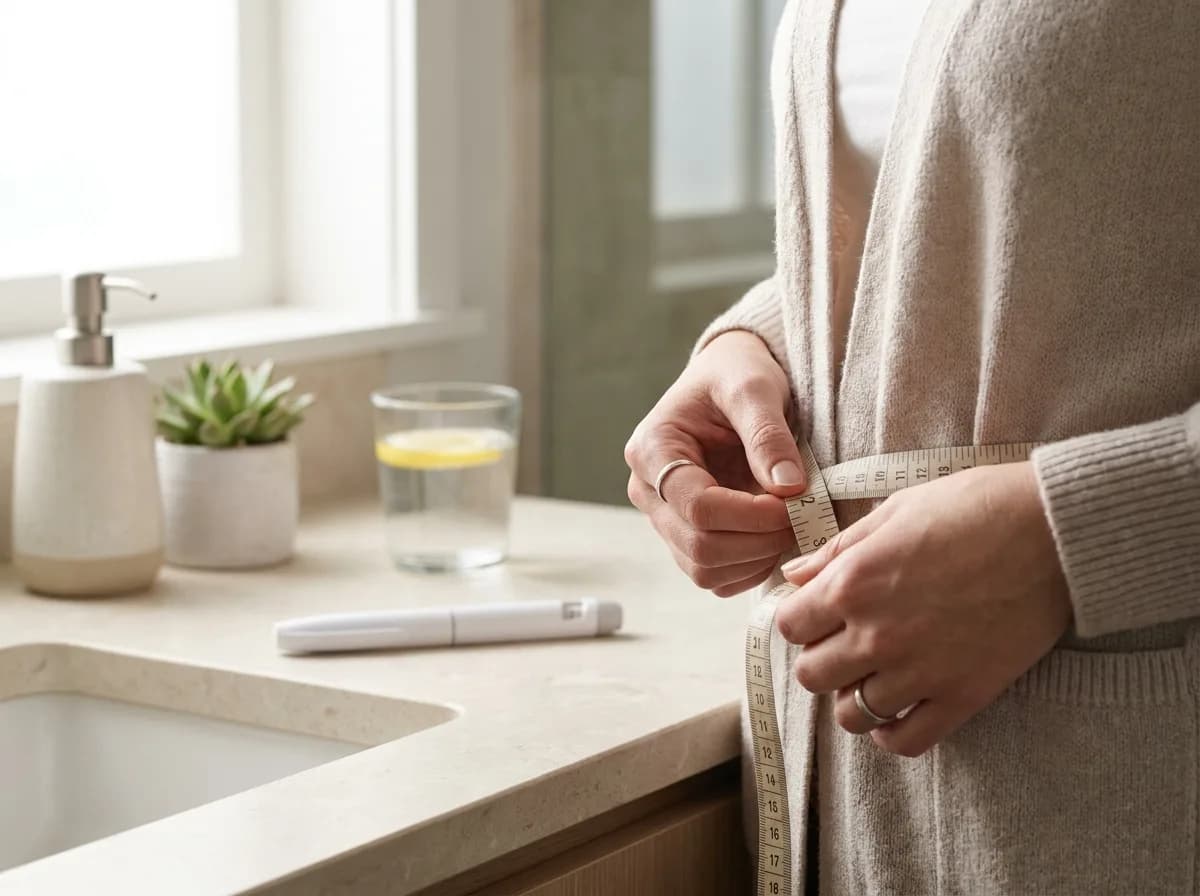 Bathroom scale, tape measure, and unbranded injection pen arranged for weight-loss progress tracking
